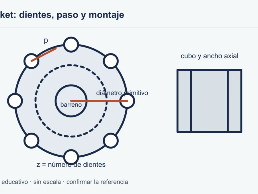 Infografía técnica propia: sprocket medidas. Esquema sin escala.